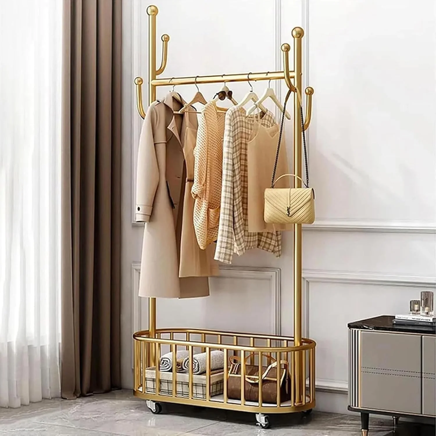 رگال لباس چند منظوره و مقاوم، رگال فلزی ایستاده لباس با میله و سبد ذخیره سازی پایین، رگال لباس چرخ دار با ترمز، آویز فلزی مستقل، سازمان دهنده رگال برای اتاق خواب داخلی
