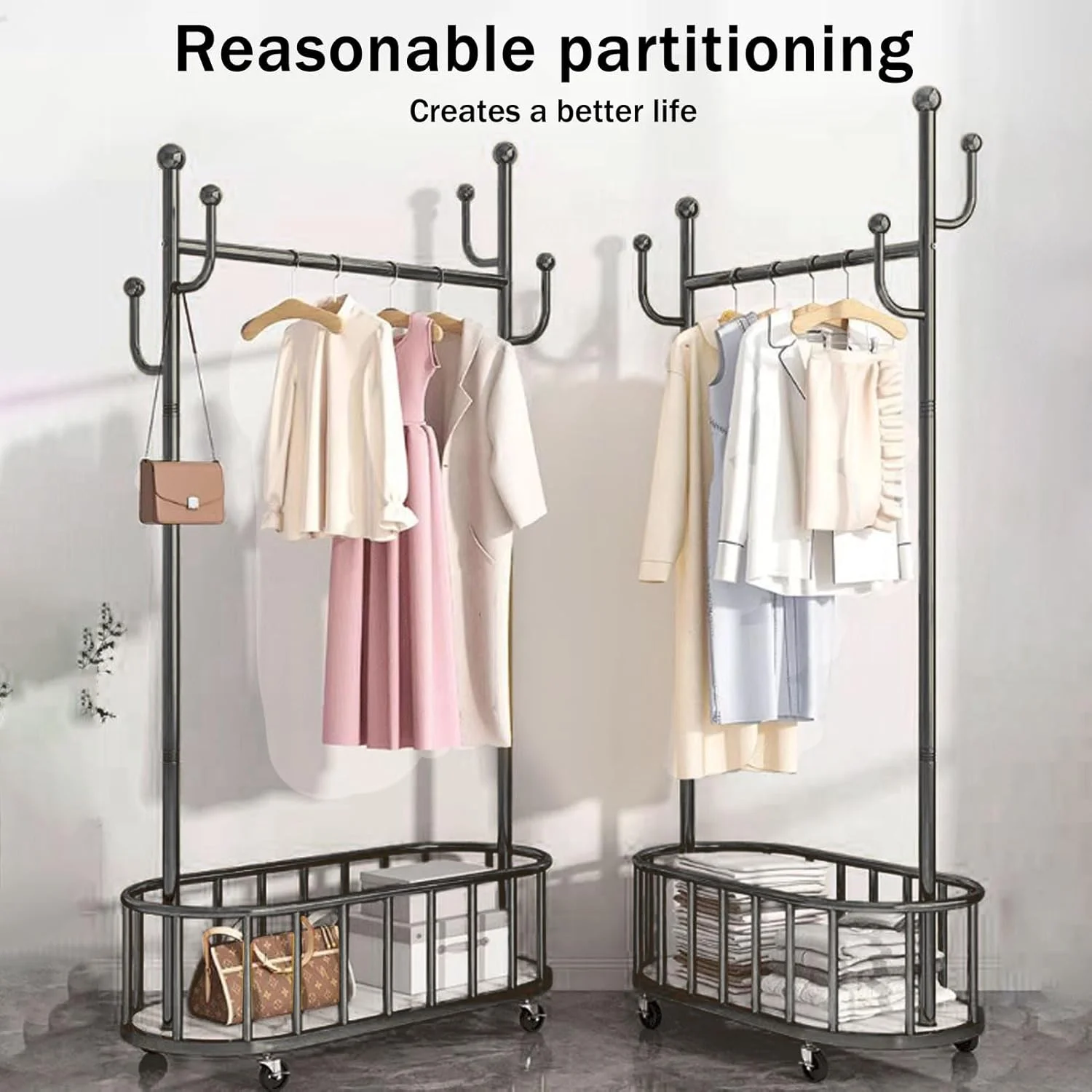 رگال لباس چند منظوره و مقاوم، رگال فلزی ایستاده لباس با میله آویز و سبد ذخیره سازی پایین، رگال لباس چرخ دار با ترمز، آویز فلزی مستقل، سازمان دهنده رگال برای اتاق خواب داخلی