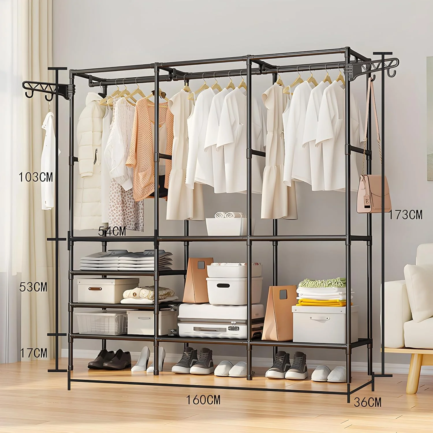 قفسه ارگانایزر چند طبقه لباس با ۲ میله آویز و قلاب. کمد لباس چند منظوره و ارگانایزر نگهداری کفش، استند فلزی ایستاده (مشکی مدل B با ابعاد ۳۶D x ۱۶۰W x ۱۷۳H) قفسه ارگانایزر چند طبقه لباس با ۲ میله آویز و قلاب. کمد لباس چند منظوره و ارگانایزر نگهداری کفش، استند فلزی ایستاده (مشکی مدل B با ابعاد ۳۶D x ۱۶۰W x ۱۷۳H)