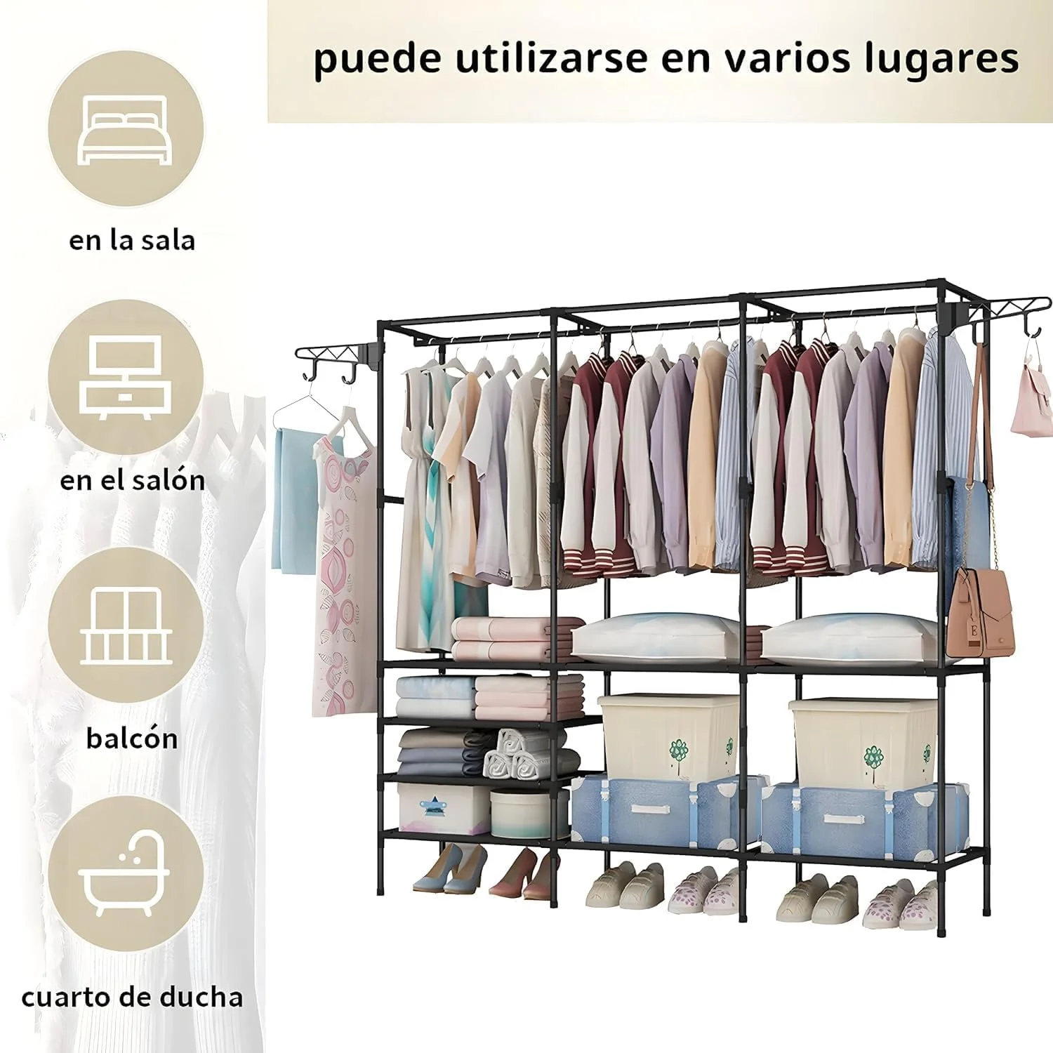 قفسه ارگانایزر چند طبقه لباس با ۲ میله آویز و قلاب. کمد لباس چند منظوره و ارگانایزر نگهداری کفش، استند فلزی ایستاده (مشکی مدل B با ابعاد ۳۶D x ۱۶۰W x ۱۷۳H) قفسه ارگانایزر چند طبقه لباس با ۲ میله آویز و قلاب. کمد لباس چند منظوره و ارگانایزر نگهداری کفش، استند فلزی ایستاده (مشکی مدل B با ابعاد ۳۶D x ۱۶۰W x ۱۷۳H)