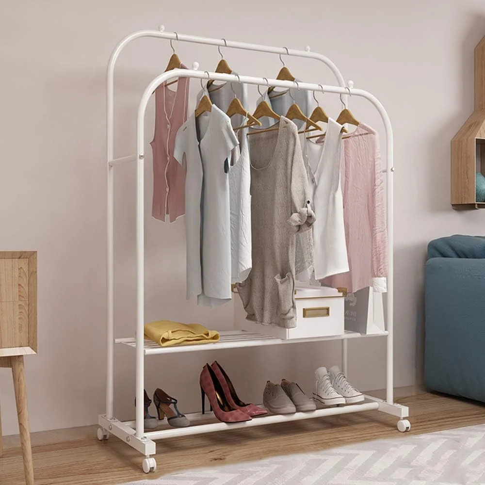 رگال لباس چرخ دار OFAY، ریل لباس، رگال آویز لباس، رگال لباس دو میله با پایه فلزی برای نگهداری کفش، سفید رگال لباس چرخ دار OFAY، ریل لباس، رگال آویز لباس، رگال لباس دو میله با پایه فلزی برای نگهداری کفش، سفید