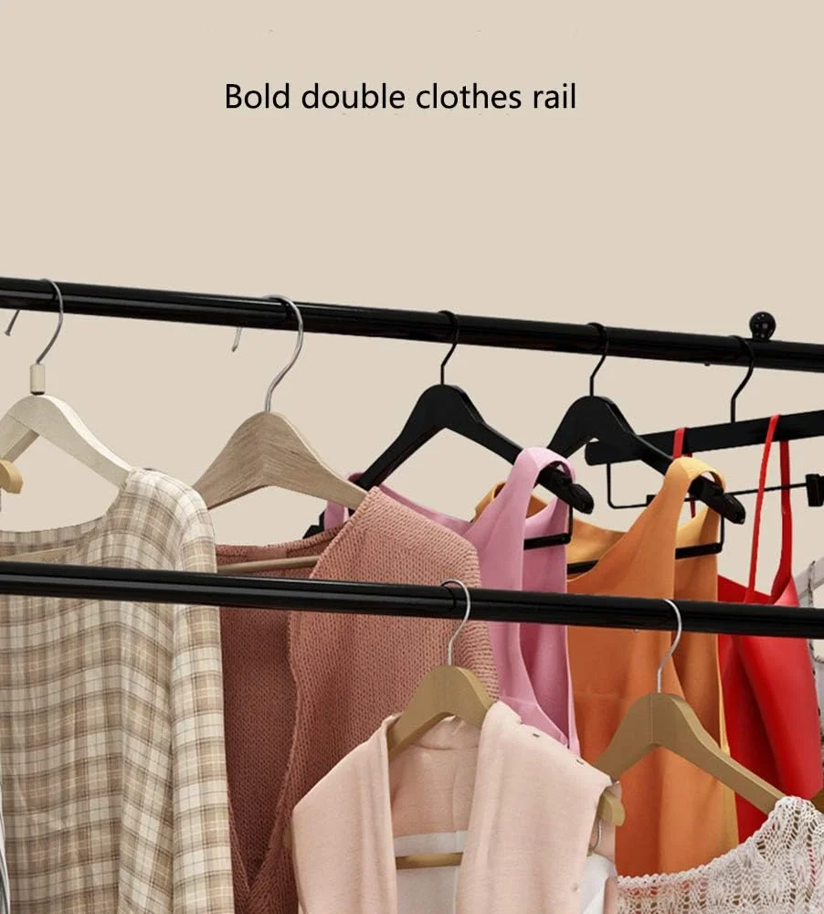 رگال لباس چرخ دار OFAY، ریل لباس، رگال آویز لباس، رگال لباس دو میله با پایه فلزی برای نگهداری کفش، سفید