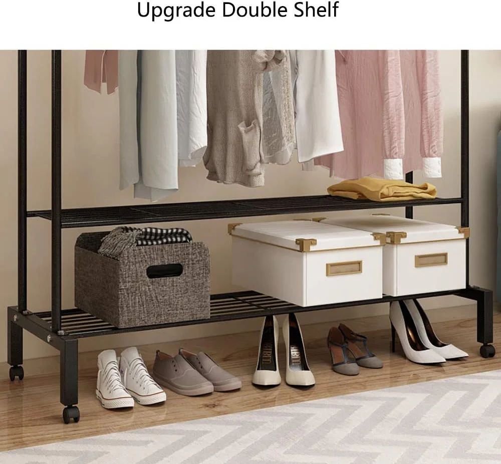 رگال لباس چرخ دار OFAY، ریل لباس، رگال آویز لباس، رگال لباس دو میله با پایه فلزی برای نگهداری کفش، سفید