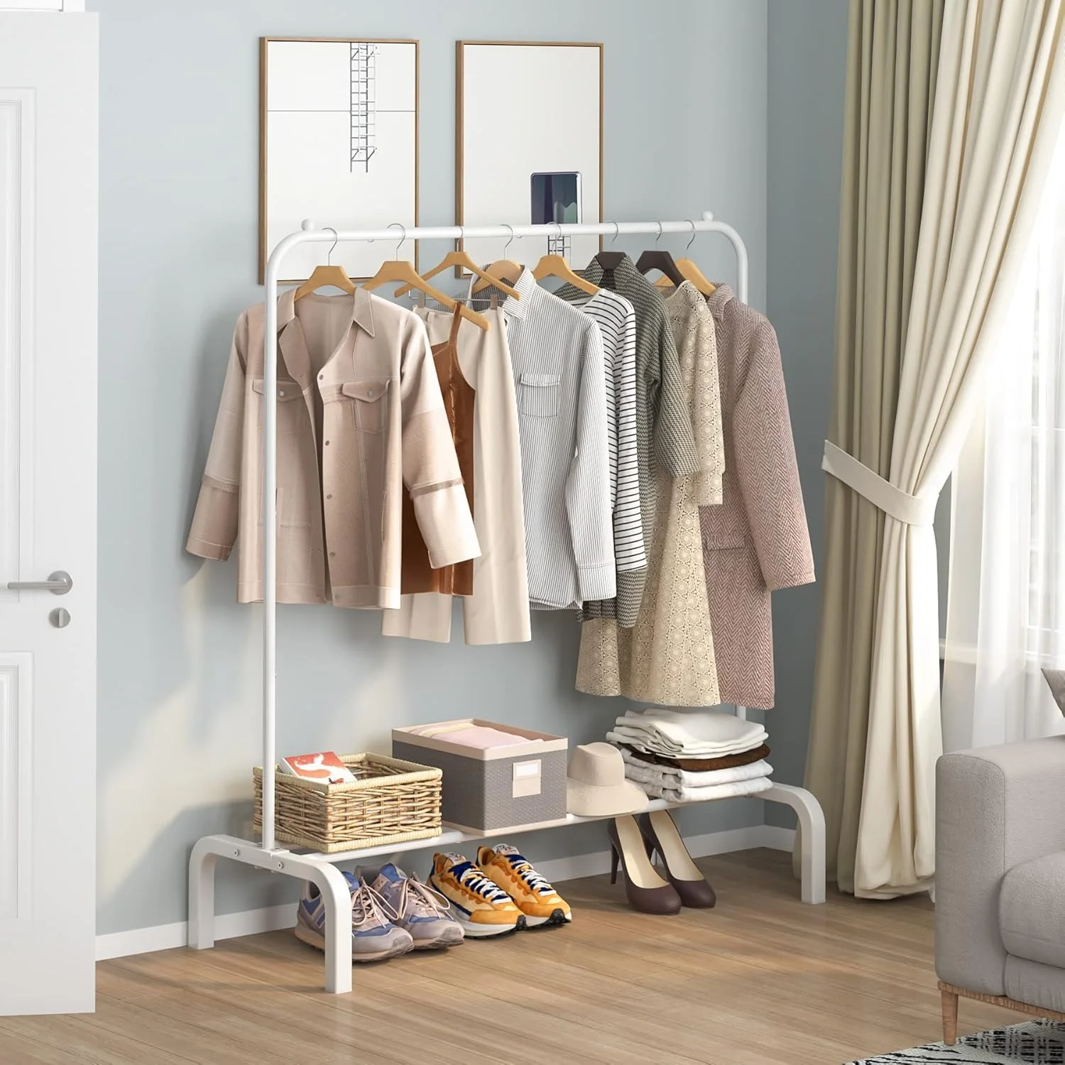 رگال لباس فلزی BYUAIRY با قفسه زیرین، رگال آویز لباس برای آویزان کردن لباس ها، پیراهن، شلوار جین و کت، سفید رگال لباس فلزی BYUAIRY با قفسه زیرین، رگال آویز لباس برای آویزان کردن لباس ها، پیراهن، شلوار جین و کت، سفید
