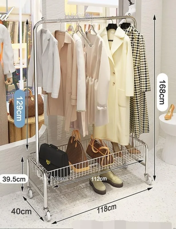رگال لباس چند منظوره ایستاده با چرخ و سبد ذخیره سازی برای ورودی راهرو، اتاق لباسشویی، اتاق خواب (عرض 118 سانتی متر)
