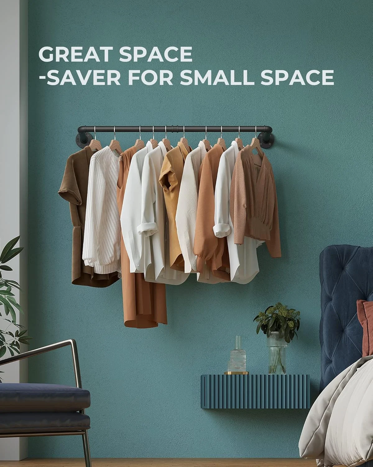 رگال لباس لوله صنعتی OROPY، 38.4 اینچ، میله آویز لباس دیواری جداشدنی سنگین، میله لباس آهنی مشکی، میله آویز چند منظوره برای نگهداری کمد، مشکی (دو پایه)