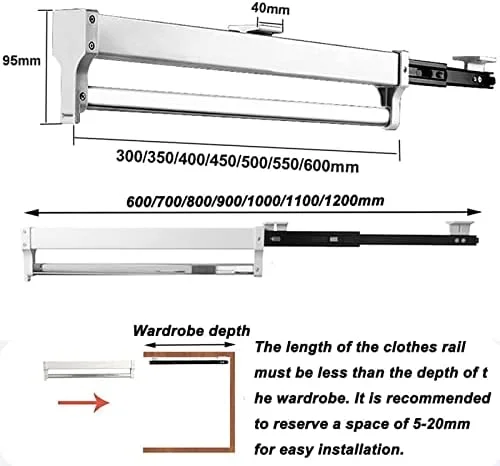 ریل لباس کشویی، میله آویز لباس تلسکوپی - قفسه شلوار کشویی کمد، لوله ریل کمد استیل ضد زنگ، ریل لباس کشویی 30-60 سانتی متر، 450 میلی متر