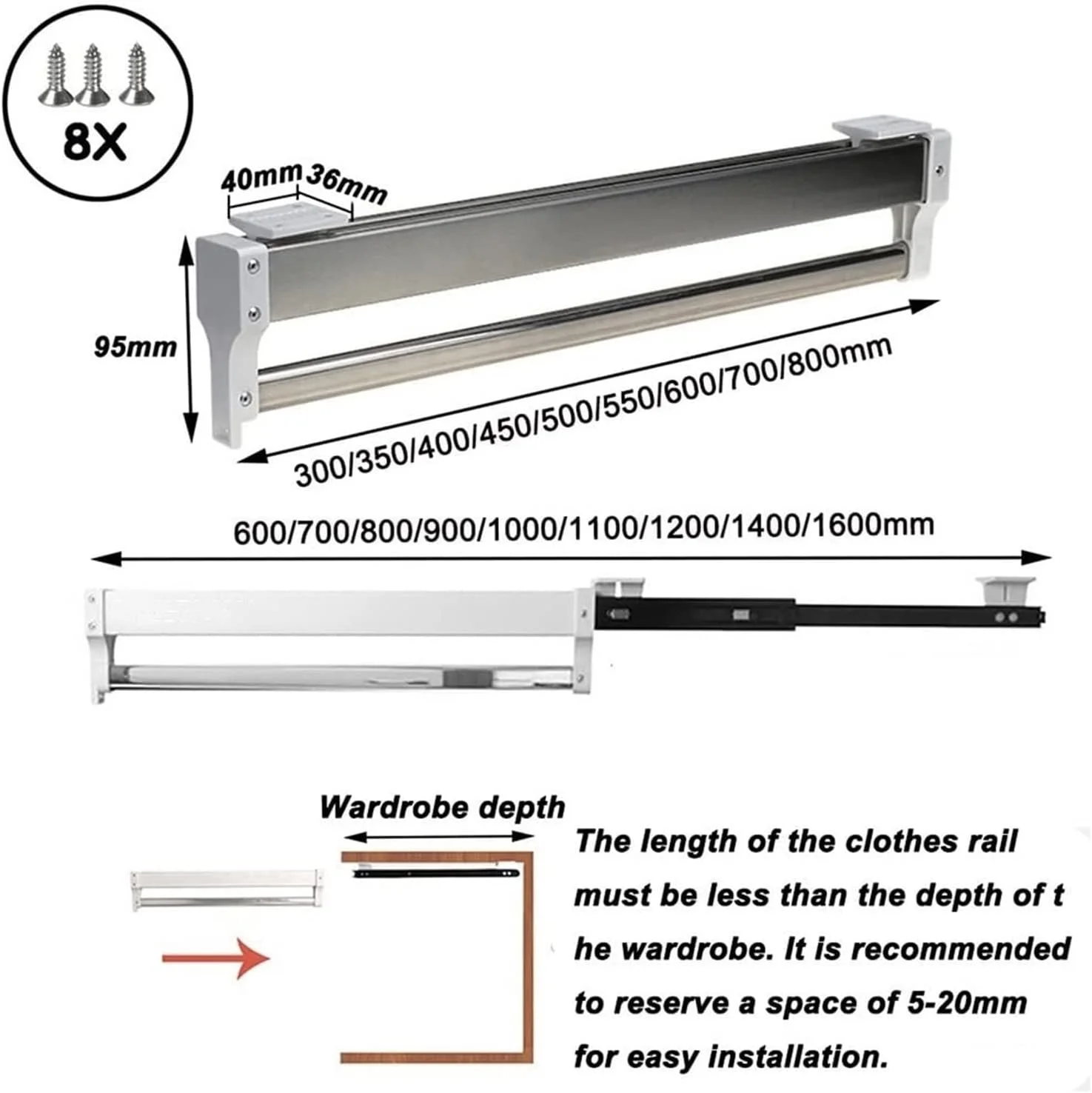 ریل لباس استیل کشویی 30-80 سانتی متر با 2 ریل کشویی، قفسه ذخیره سازی کت و شلوار صرفه جویی در فضا، ظرفیت 25 کیلوگرم، 400 میلی متر / 15.7 اینچ