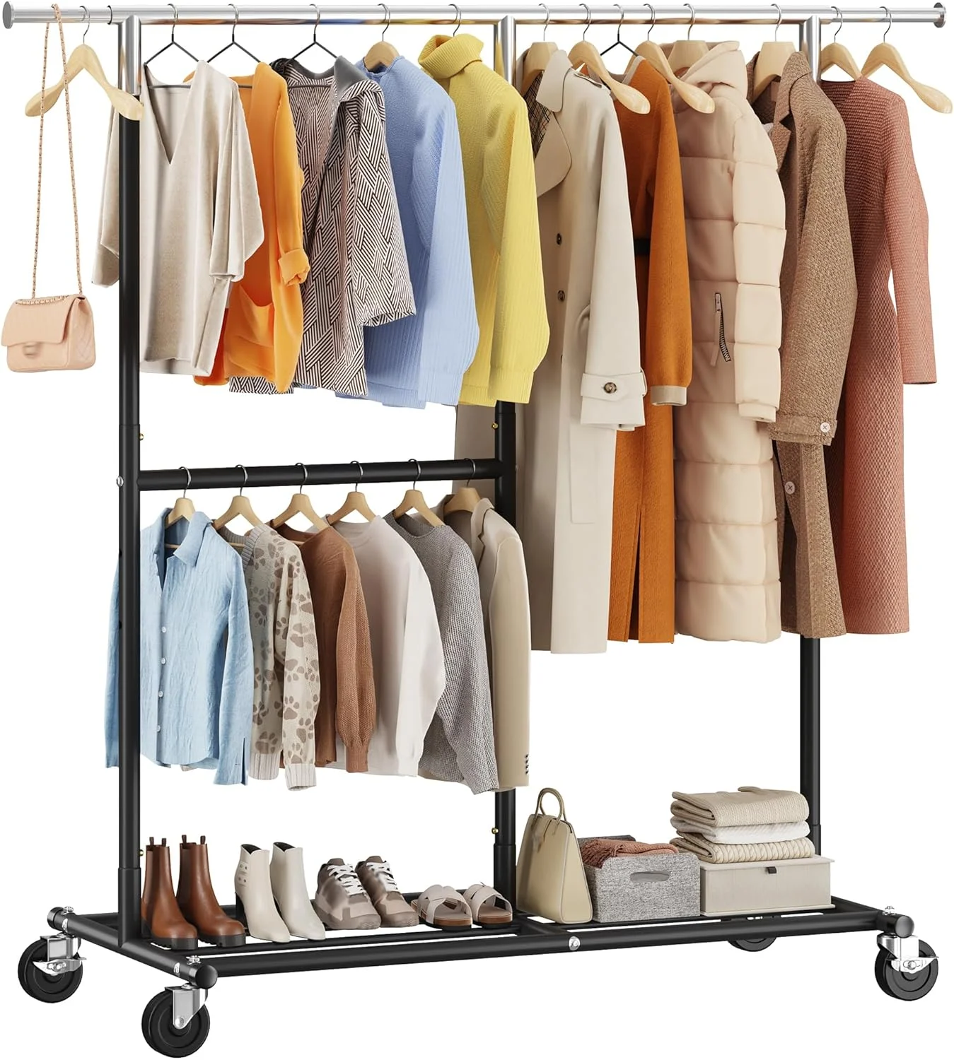رگال لباس ریبی با ظرفیت بالا، رگال آویز لباس با قابلیت حمل 200+ لباس، رگال فلزی چرخ دار، رگال تجاری قابل حمل، مشکی