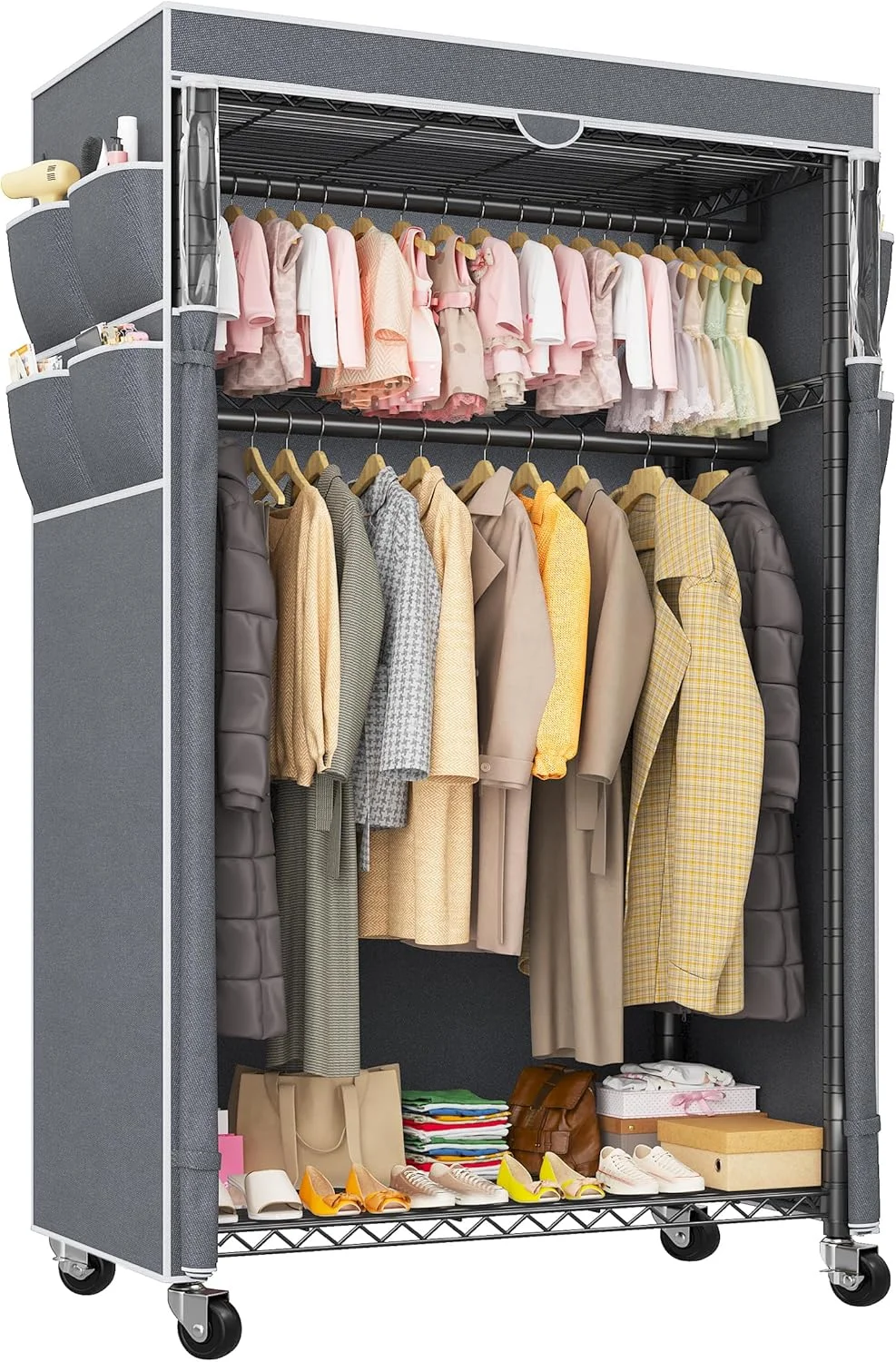 رگال لباس Raybee با روکش و چرخ، رگال لباس سنگین برای آویزان کردن لباس، قابل تنظیم، 90*40*200 سانتی متر، مشکی