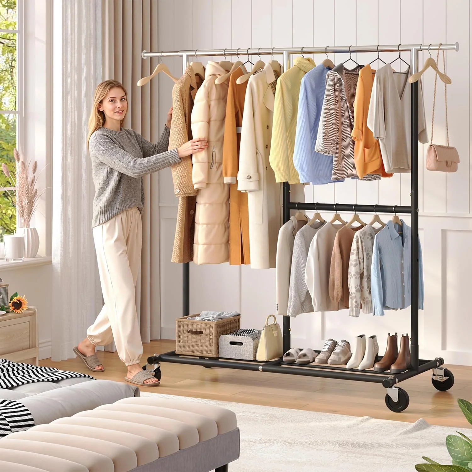 رگال لباس ریبی با ظرفیت بالا، رگال آویز لباس با قابلیت حمل 200+ لباس، رگال فلزی چرخ دار، رگال تجاری قابل حمل، مشکی رگال لباس ریبی با ظرفیت بالا، رگال آویز لباس با قابلیت حمل 200+ لباس، رگال فلزی چرخ دار، رگال تجاری قابل حمل، مشکی