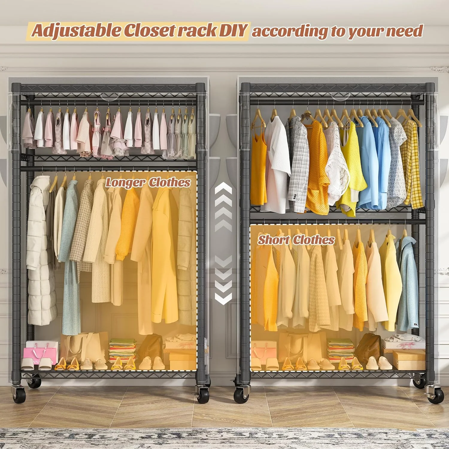 رگال لباس Raybee با روکش و چرخ، رگال لباس سنگین برای آویزان کردن لباس، قابل تنظیم، 90*40*200 سانتی متر، مشکی