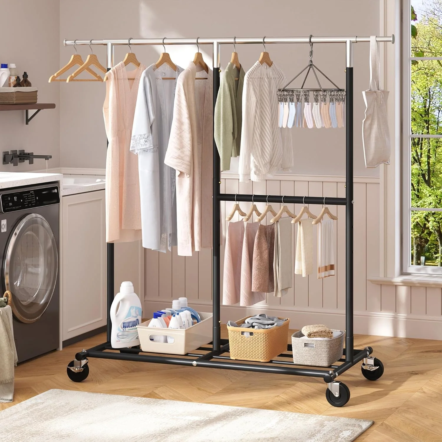 رگال لباس ریبی با ظرفیت بالا، رگال آویز لباس با قابلیت حمل 200+ لباس، رگال فلزی چرخ دار، رگال تجاری قابل حمل، مشکی رگال لباس ریبی با ظرفیت بالا، رگال آویز لباس با قابلیت حمل 200+ لباس، رگال فلزی چرخ دار، رگال تجاری قابل حمل، مشکی