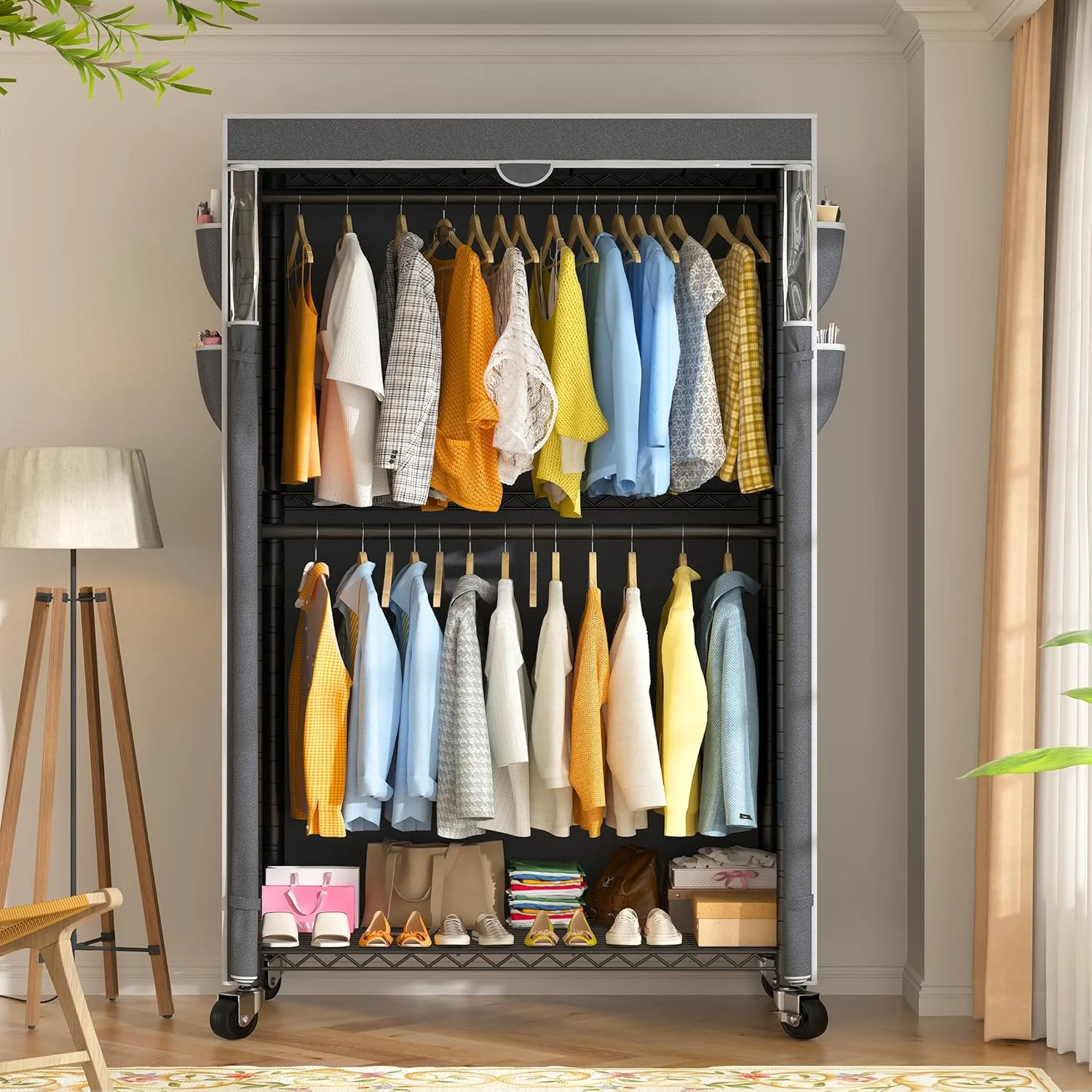 رگال لباس Raybee با روکش و چرخ، رگال لباس سنگین برای آویزان کردن لباس، قابل تنظیم، 90*40*200 سانتی متر، مشکی