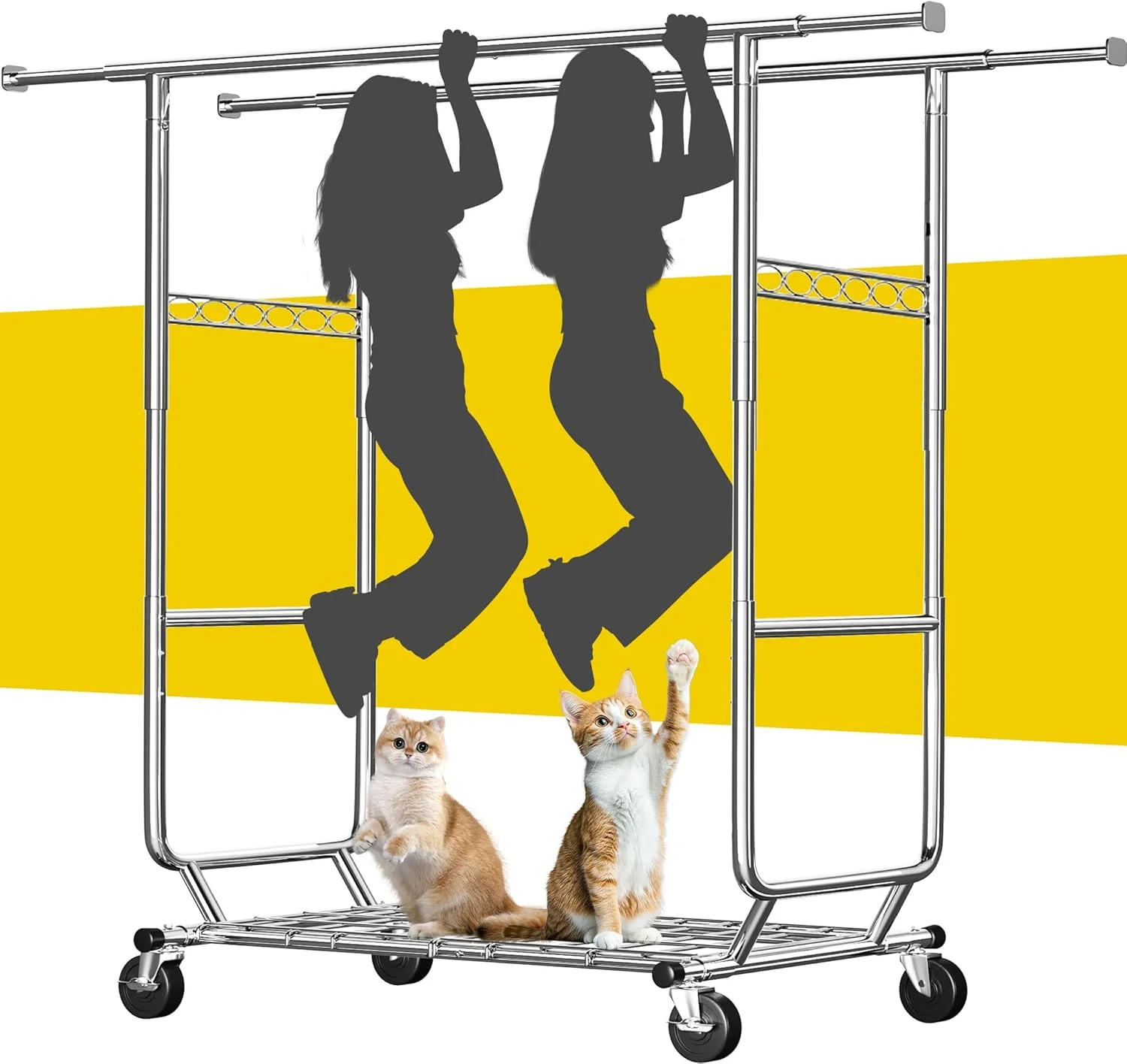 رگال لباس ریبی با تحمل وزن 285 کیلوگرم، رگال لباس سنگین، رگال لباس چرخ دار برای آویزان کردن لباس با چرخ، قابل تنظیم و تجاری، ابعاد 56x190x172 سانتیمتر