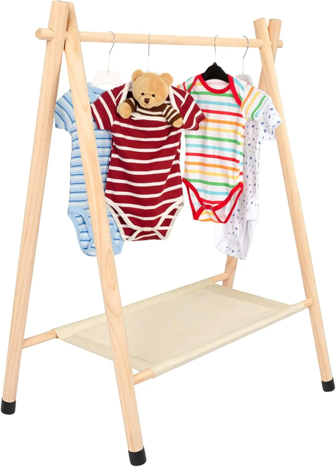 رگال لباس کودک Queekay، رگال لباس کودک برای سیسمونی، حیوانات خانگی، عروسک ها، لباس کودک، سازمان دهنده لباس چوبی با قفسه نگهداری و رگال آویز (بژ، متوسط)