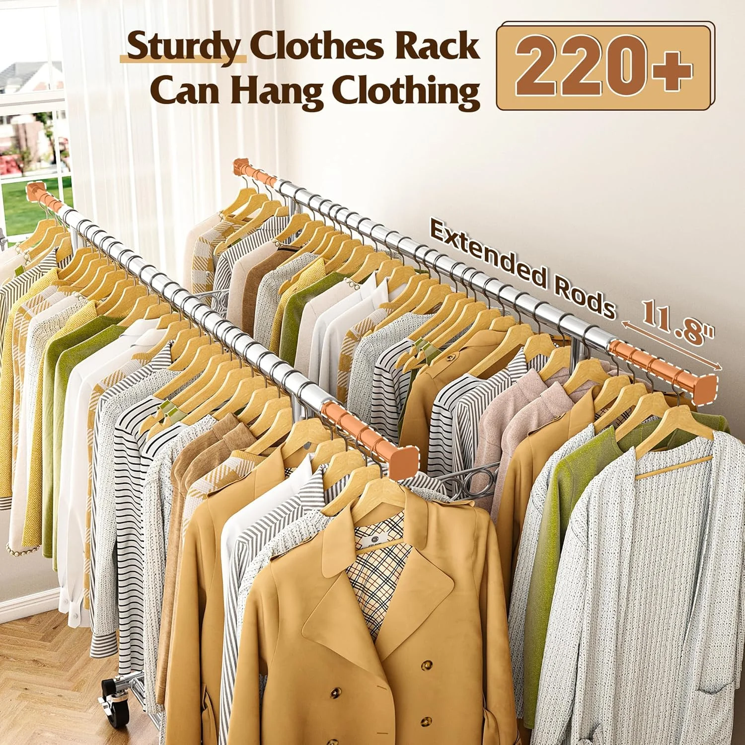 رگال لباس ریبی با تحمل وزن 285 کیلوگرم، رگال لباس سنگین، رگال لباس چرخ دار برای آویزان کردن لباس با چرخ، قابل تنظیم و تجاری، ابعاد 56x190x172 سانتیمتر