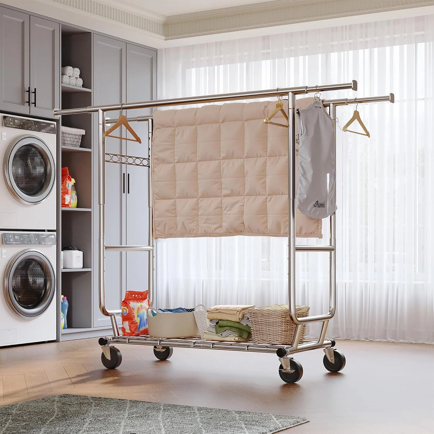 رگال لباس ریبی با تحمل وزن 285 کیلوگرم، رگال لباس سنگین، رگال لباس چرخ دار برای آویزان کردن لباس با چرخ، قابل تنظیم و تجاری، ابعاد 56x190x172 سانتیمتر