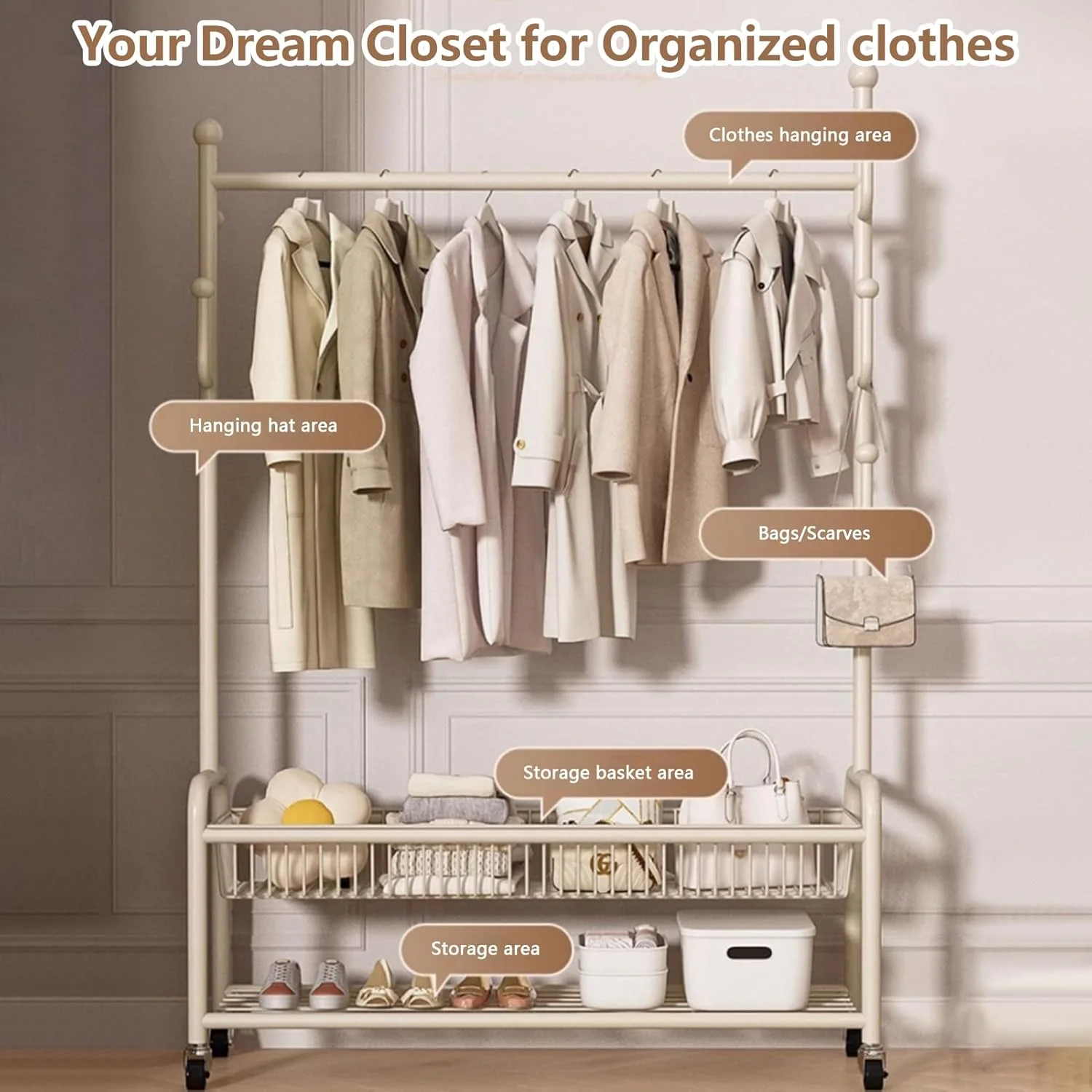 رگال لباس چرخ دار با پایه U شکل، رگال لباس با سبد ذخیره سازی دو لایه، سازمان دهنده کمد لباس قابل حمل، رخت آویز سنگین و استند ذخیره سازی نیمکت کفش برای اتاق خواب داخلی، سفید رگال لباس چرخ دار با پایه U شکل، رگال لباس با سبد ذخیره سازی دو لایه، سازمان دهنده کمد لباس قابل حمل، رخت آویز سنگین و استند ذخیره سازی نیمکت کفش برای اتاق خواب داخلی، سفید