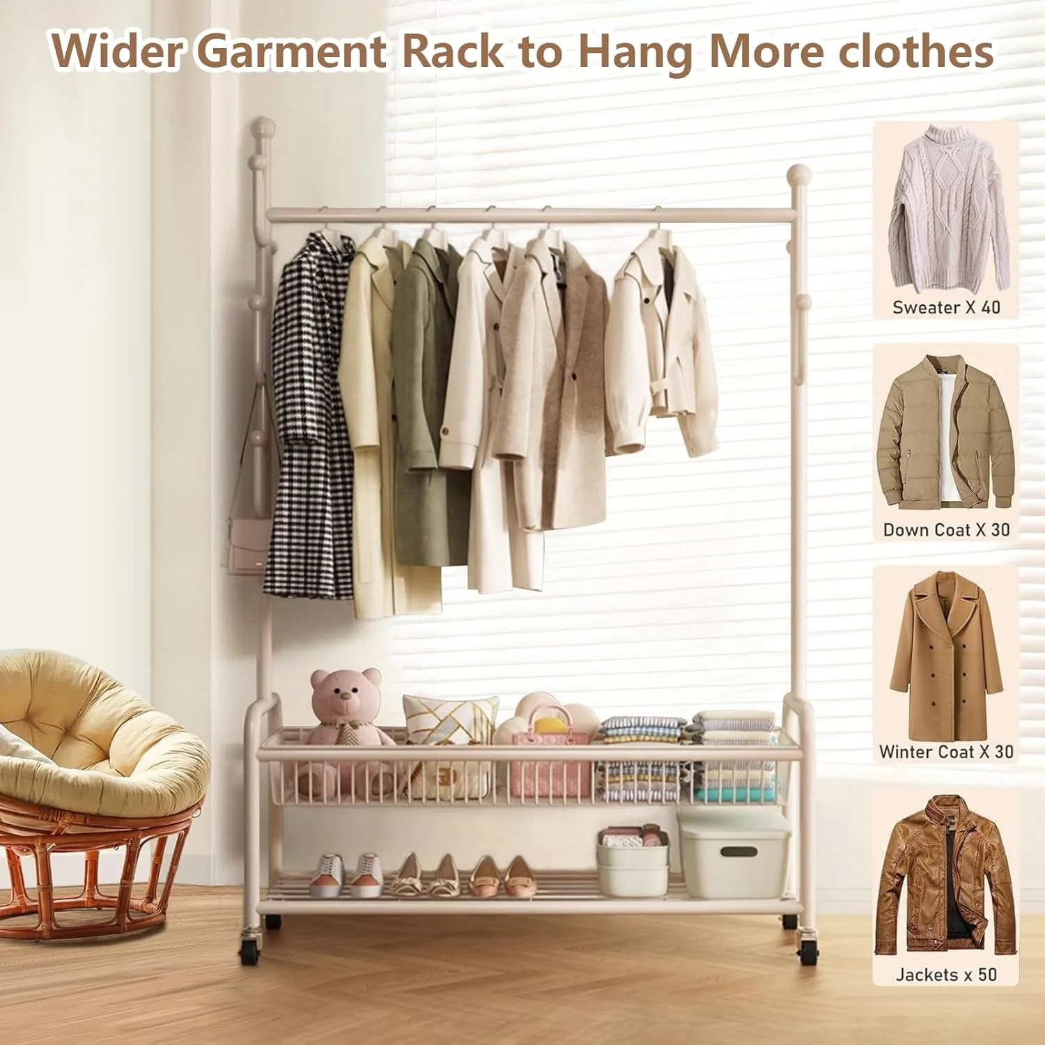 رگال لباس چرخ دار با پایه U شکل، رگال لباس با سبد ذخیره سازی دو لایه، سازمان دهنده کمد لباس قابل حمل، رخت آویز سنگین و استند ذخیره سازی نیمکت کفش برای اتاق خواب داخلی، سفید رگال لباس چرخ دار با پایه U شکل، رگال لباس با سبد ذخیره سازی دو لایه، سازمان دهنده کمد لباس قابل حمل، رخت آویز سنگین و استند ذخیره سازی نیمکت کفش برای اتاق خواب داخلی، سفید