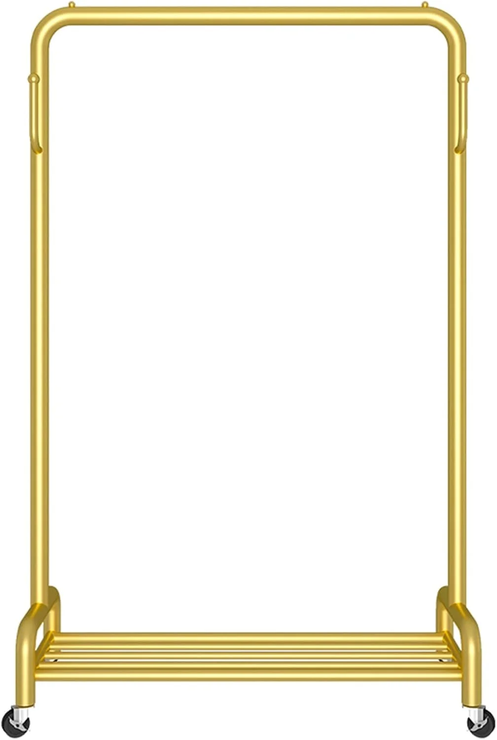 ریل لباس چرخ دار با قلاب و قفسه ذخیره سازی، رخت آویز لباس ایستاده با چرخ، سازمان دهنده لباس برای اتاق خواب، اتاق لباسشویی (رنگ: طلایی، سایز: 100x40x130cm)