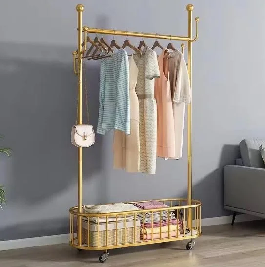 رگال لباس چرخ دار، آویز لباس فلزی، جالباسی ایستاده با سبد ذخیره سازی برای اتاق نشیمن و اتاق خواب، مناسب آویزان کردن لباس، کلاه و کیف دستی، طرح آسمان طلایی
