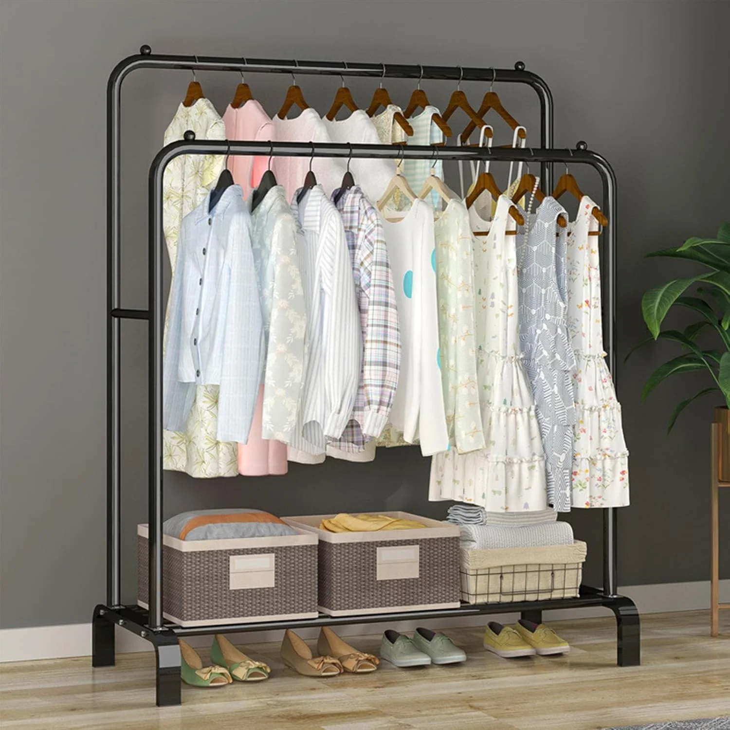 رگال لباس آویز، رگال ایستاده فلزی دو ردیفه و مقاوم برای لباس، مناسب بالکن و فضای داخلی، میله خشک کن لباس شیک و مدرن، دارای قفسه کفش و رخت آویز (B)، BMD430 رگال لباس آویز، رگال ایستاده فلزی دو ردیفه و مقاوم برای لباس، مناسب بالکن و فضای داخلی، میله خشک کن لباس شیک و مدرن، دارای قفسه کفش و رخت آویز (B)، BMD430