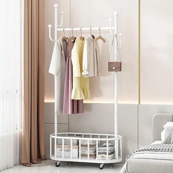 رگال لباس چرخ دار فلزی به همراه سبد ذخیره سازی مناسب برای آویزان کردن لباس، کلاه و کیف دستی - طرح آسمان