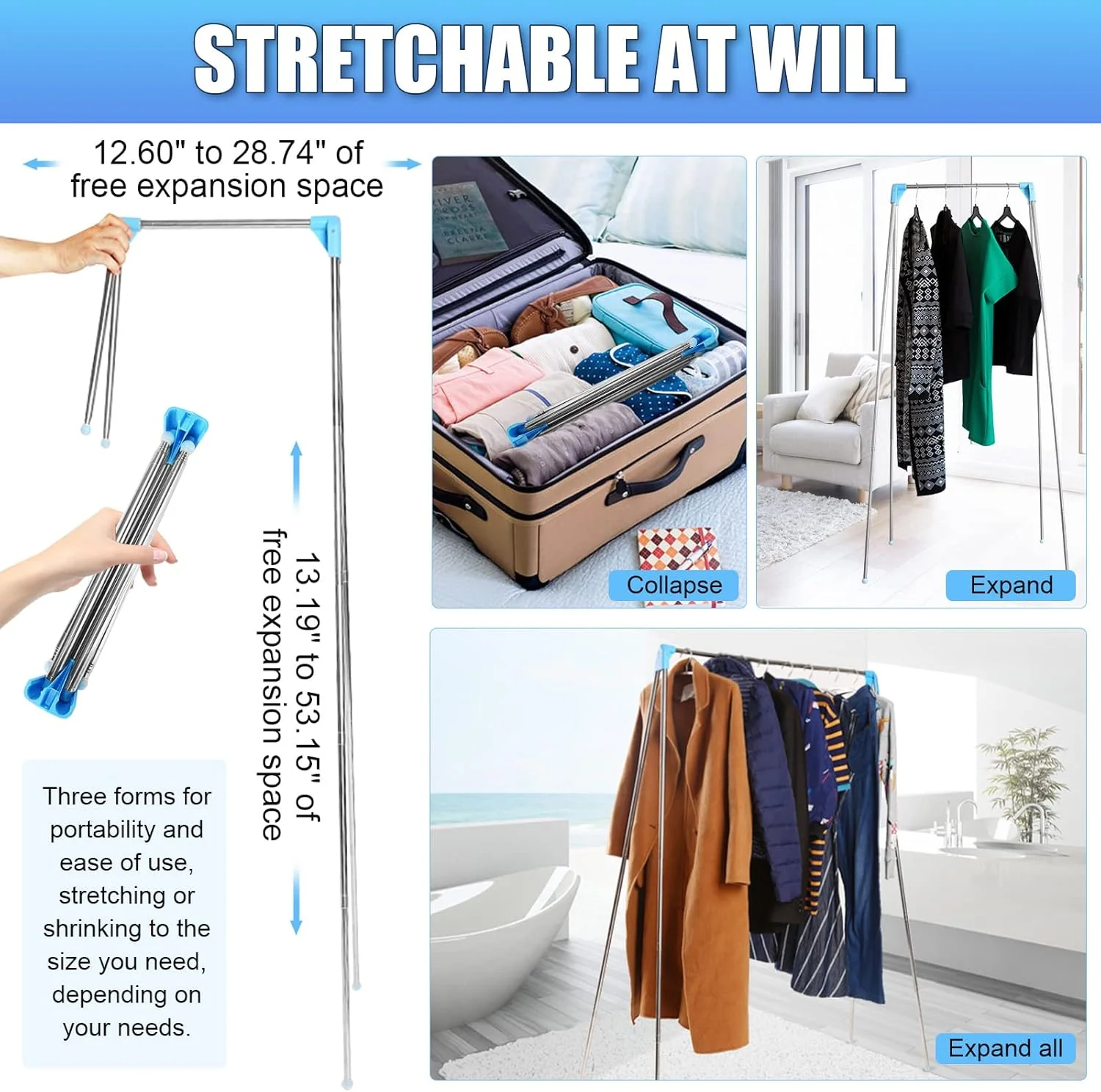رخت آویز مسافرتی تاشو، بند رخت جمع شونده 33 تا 71 سانتی متری، آویز لباس ایستاده تاشو، مناسب برای خشک کردن لباس در خانه، کمپینگ، مسافرت و فضای باز
