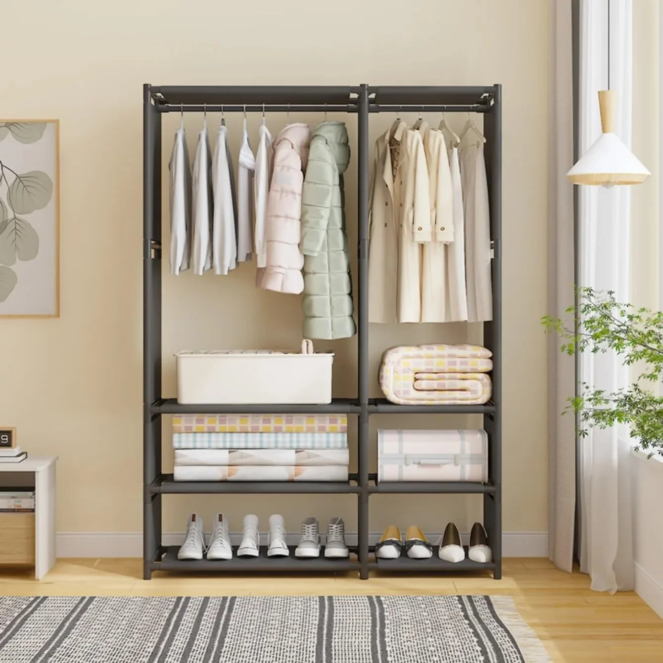 کمد لباس فلزی دو بخشی با میله های آویز دوتایی و 6 قفسه ذخیره سازی، قفسه لباس مستقل با پارچه ضد آب برای اتاق خواب و فضاهای کوچک (2 بخش)
