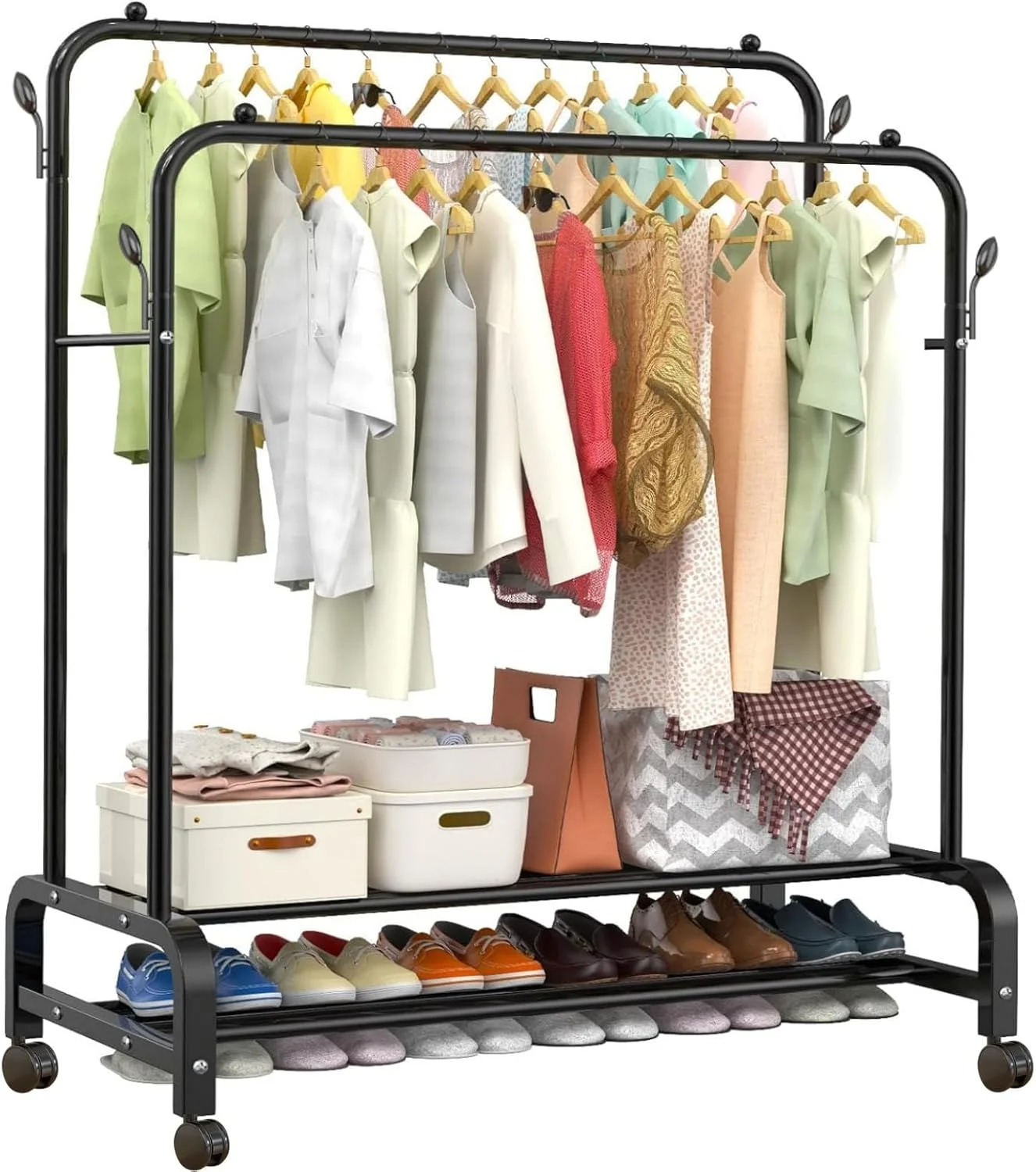 رگال لباس، 130x163 سانتی متر، رگال خشک کن لباس سنگین با چرخ و قفسه کفش، آویز لباس دو ردیفه کاربردی با 4 شاخه قلاب برای اتاق خواب (مشکی) رگال لباس، 130x163 سانتی متر، رگال خشک کن لباس سنگین با چرخ و قفسه کفش، آویز لباس دو ردیفه کاربردی با 4 شاخه قلاب برای اتاق خواب (مشکی)