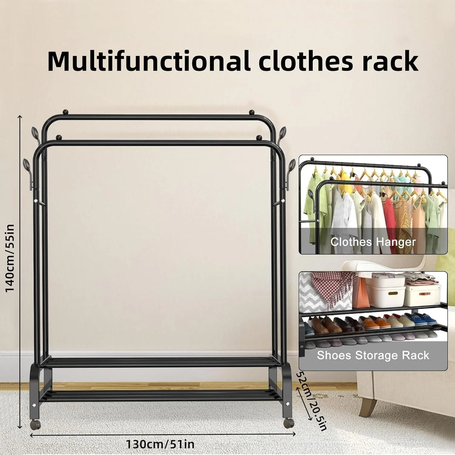 رگال لباس، 130x163 سانتی متر، رگال خشک کن لباس سنگین با چرخ و قفسه کفش، آویز لباس دو ردیفه کاربردی با 4 شاخه قلاب برای اتاق خواب (مشکی)