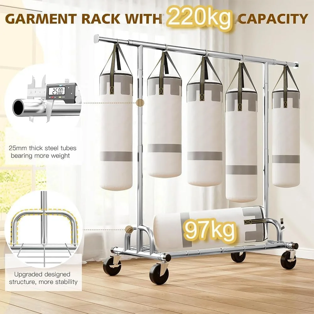 رگال لباس مقاوم، تحمل وزن 220 کیلوگرم، رگال فلزی لباس، آویز لباس چرخ دار، رگال قابل حمل با چرخ های محکم قفل دار، مناسب برای اتاق خواب، اتاق نشیمن، رختشورخانه، بالکن رگال لباس مقاوم، تحمل وزن 220 کیلوگرم، رگال فلزی لباس، آویز لباس چرخ دار، رگال قابل حمل با چرخ های محکم قفل دار، مناسب برای اتاق خواب، اتاق نشیمن، رختشورخانه، بالکن