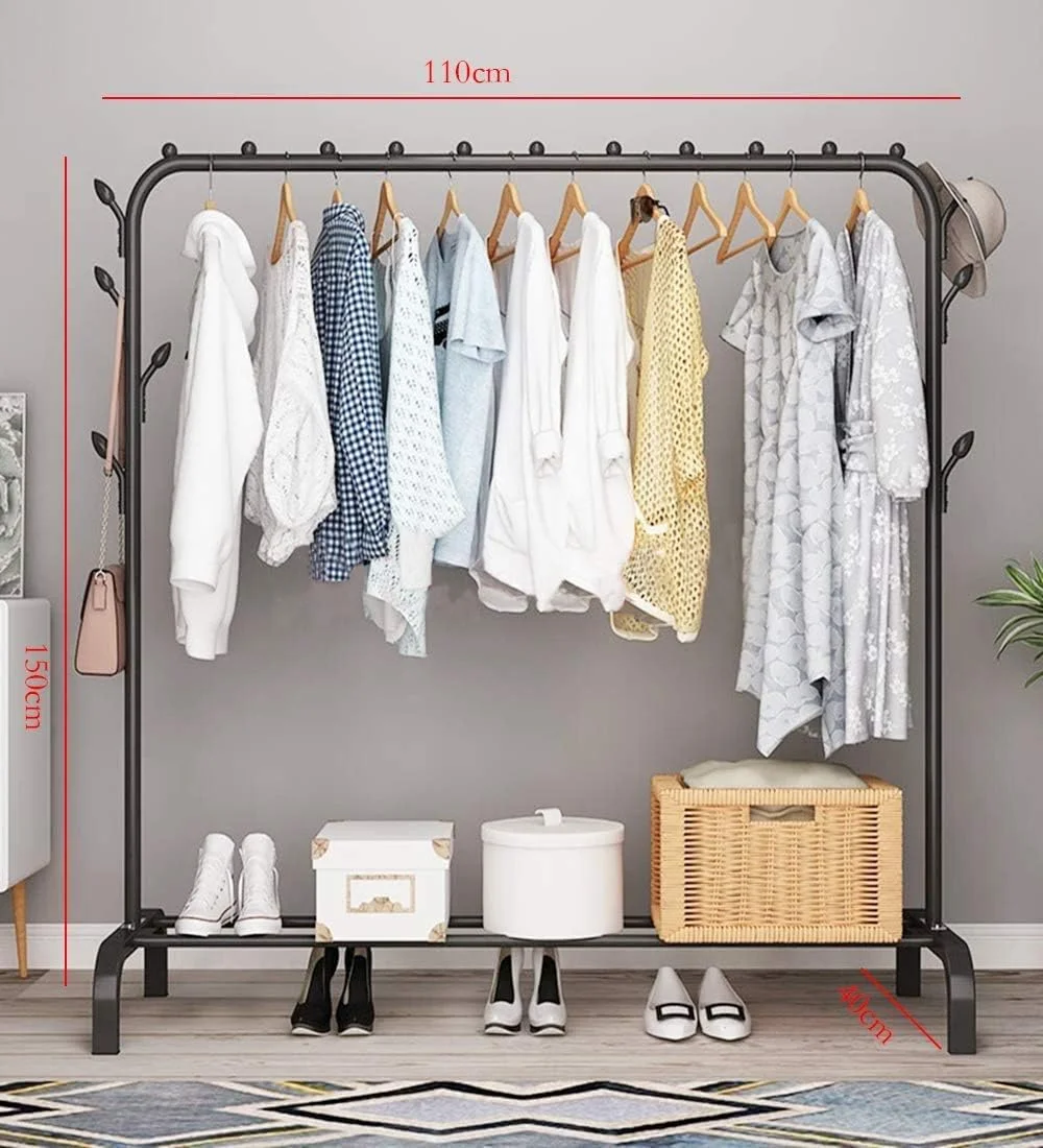 رگال لباس شووی، میله آویز لباس، جالباسی تک ریل با قلاب جانبی و فضای ذخیره سازی پایین، طول 110 سانتی متر برای کفش، لباس، ژاکت، چتر، کلاه، شال و کیف دستی