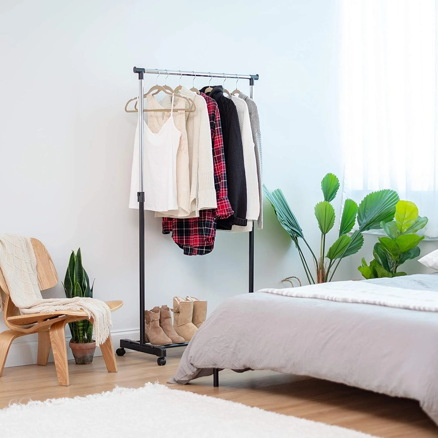 آویز لباس ایستاده شووی، رگال لباس با قابلیت تنظیم ارتفاع، تک میله با چرخ، مشکی مدل Cd-1202-08
