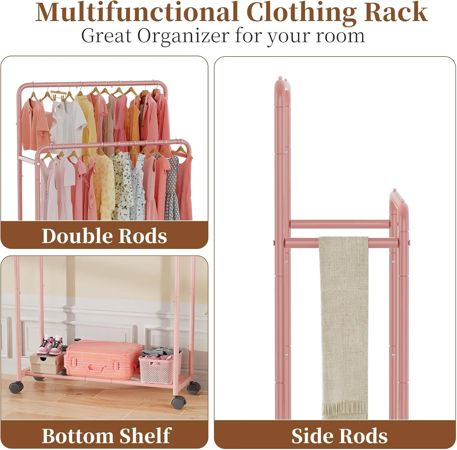 رگال لباس ساده ترندینگ با دو میله و چرخ، رگال فلزی متحرک لباس برای آویزان کردن، صورتی رگال لباس ساده ترندینگ با دو میله و چرخ، رگال فلزی متحرک لباس برای آویزان کردن، صورتی