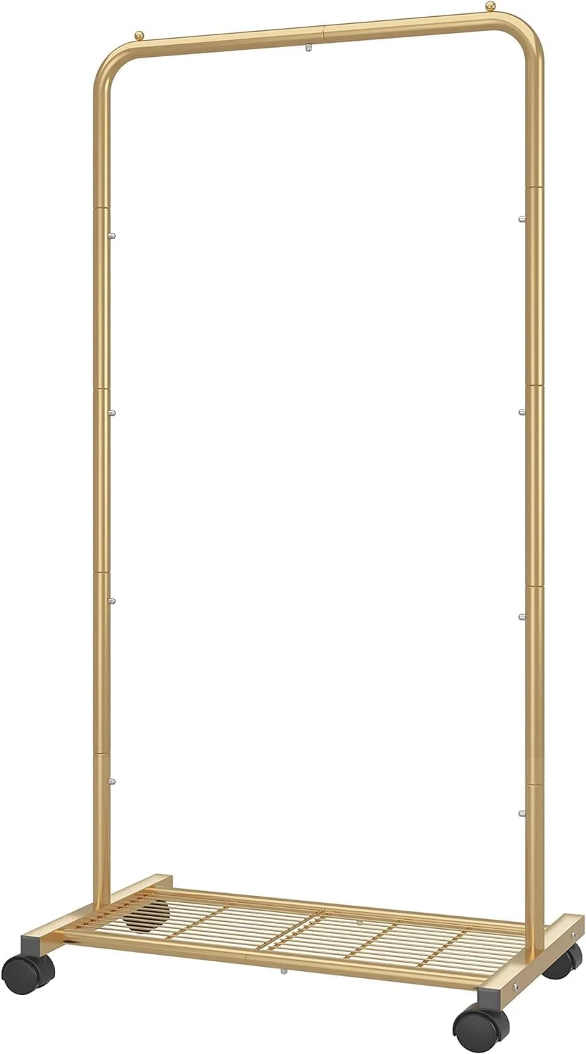 رگال لباس استاندارد Simple Trending، رگال چرخ دار لباس با قفسه توری برای نگهداری، زرد طلایی