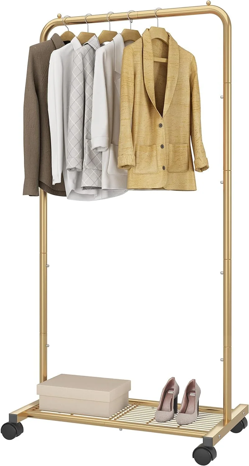 رگال لباس استاندارد Simple Trending، رگال چرخ دار لباس با قفسه توری برای نگهداری، زرد طلایی