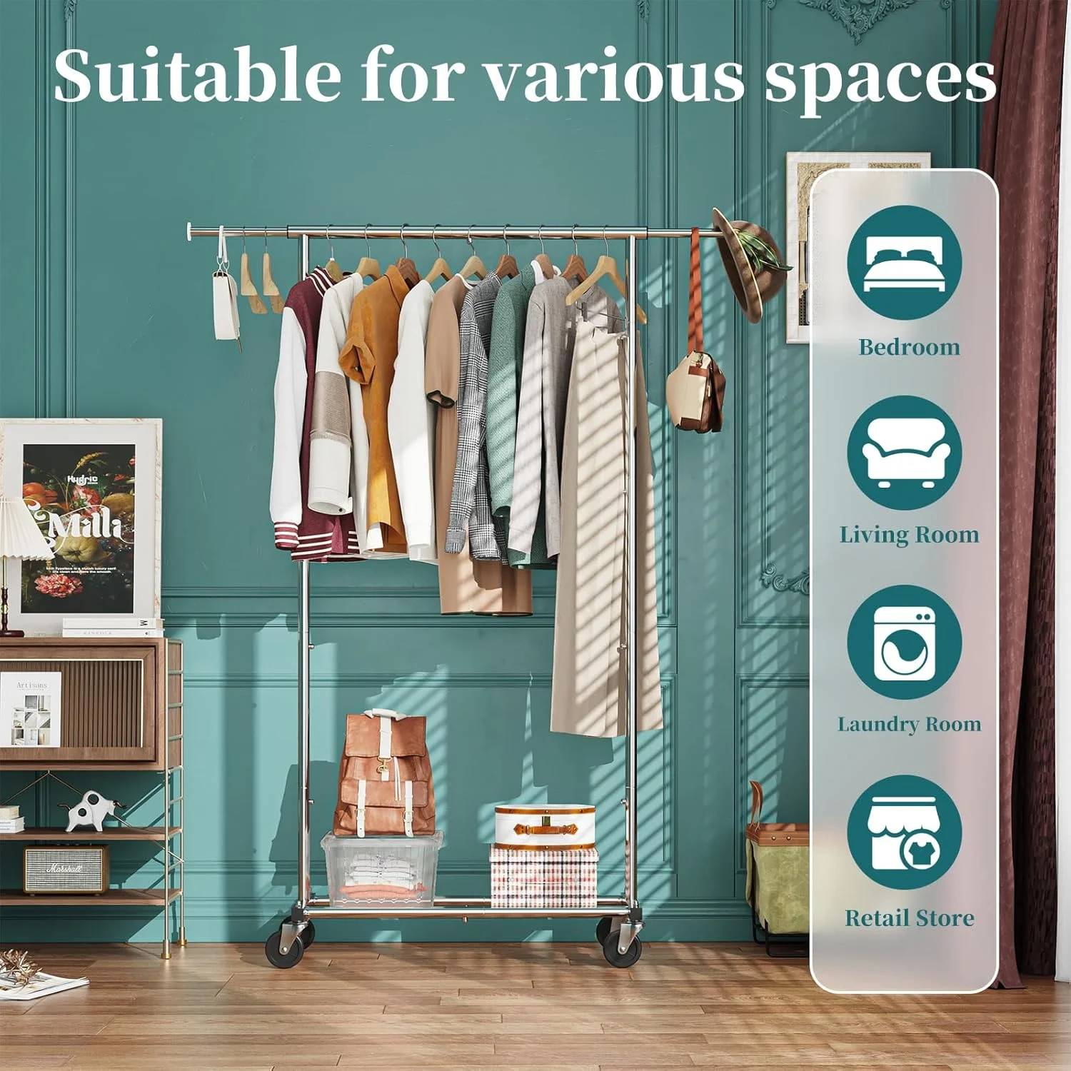 رگال لباس استاندارد و ساده ترندینگ، سازمان دهنده لباس چرخ دار برای آویزان کردن لباس، کروم رگال لباس استاندارد و ساده ترندینگ، سازمان دهنده لباس چرخ دار برای آویزان کردن لباس، کروم