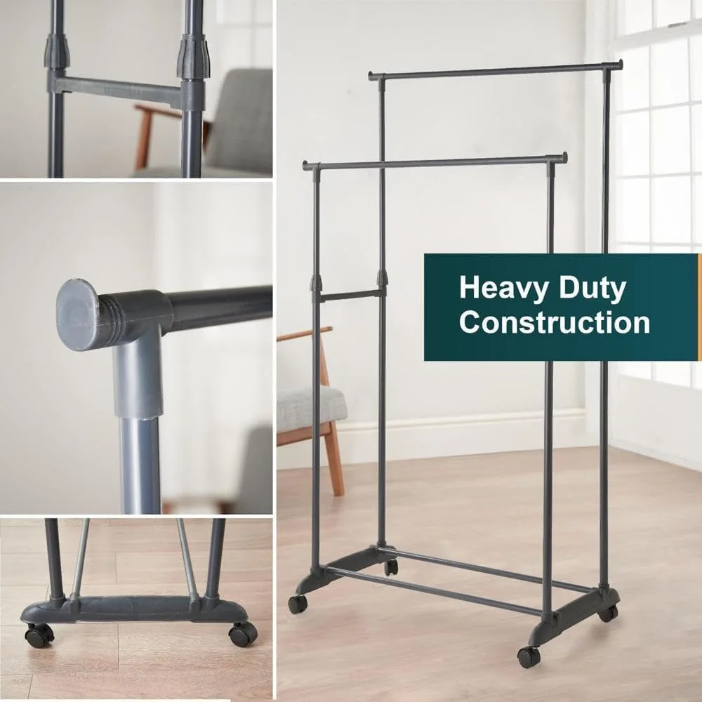 رگال لباس دو ردیفه SKY-TOUCH، رگال خشک کن لباس قابل حمل متحرک، رگال نمایش اتاق خواب و لباسشویی با چرخ و پایه محکم، مشکی، 78 * 41 * 152 سانتی متر، ارتفاع قابل تنظیم