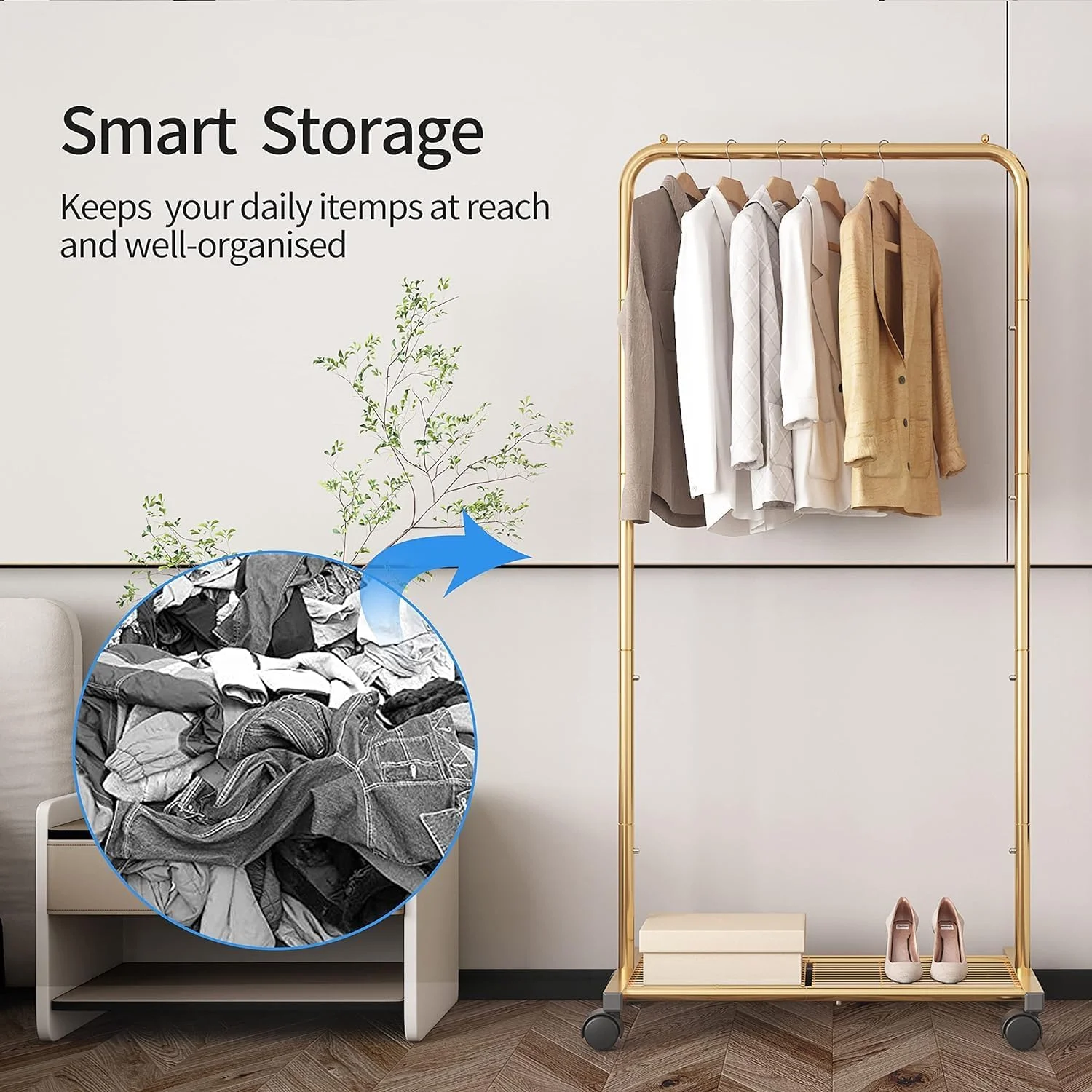 رگال لباس استاندارد Simple Trending، رگال چرخ دار لباس با قفسه توری برای نگهداری، زرد طلایی