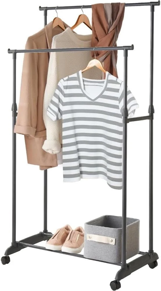 رگال لباس دو ردیفه SKY-TOUCH، رگال خشک کن لباس قابل حمل متحرک، رگال نمایش اتاق خواب و رختشویی با چرخ و پایه محکم، مشکی، 78 * 41 * 152 سانتی متر، ارتفاع قابل تنظیم