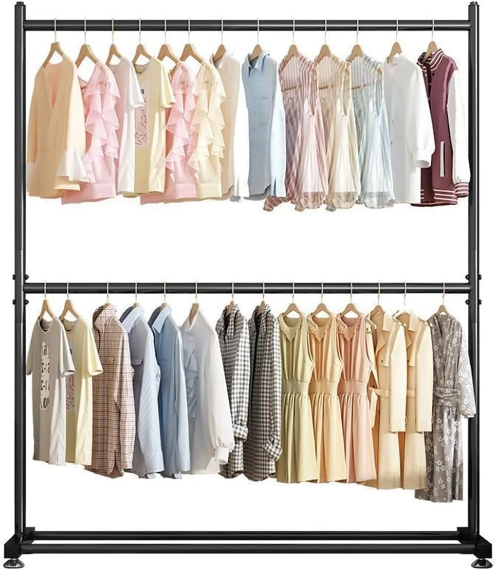 رگال لباس دو میله ای SKY-TOUCH: رگال لباس دو طبقه با قفسه زیرین، ظرفیت بار زیاد، رگال لباس فلزی برای آویزان کردن لباس ها در اتاق خواب (150 * 182 * 40 سانتی متر، مشکی)