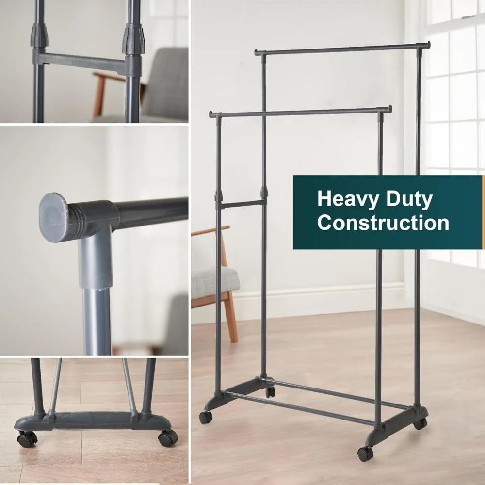 رگال لباس دو ردیفه SKY-TOUCH، رگال خشک کن لباس قابل حمل متحرک، رگال نمایش اتاق خواب و رختشویی با چرخ و پایه محکم، مشکی، 78 * 41 * 152 سانتی متر، ارتفاع قابل تنظیم