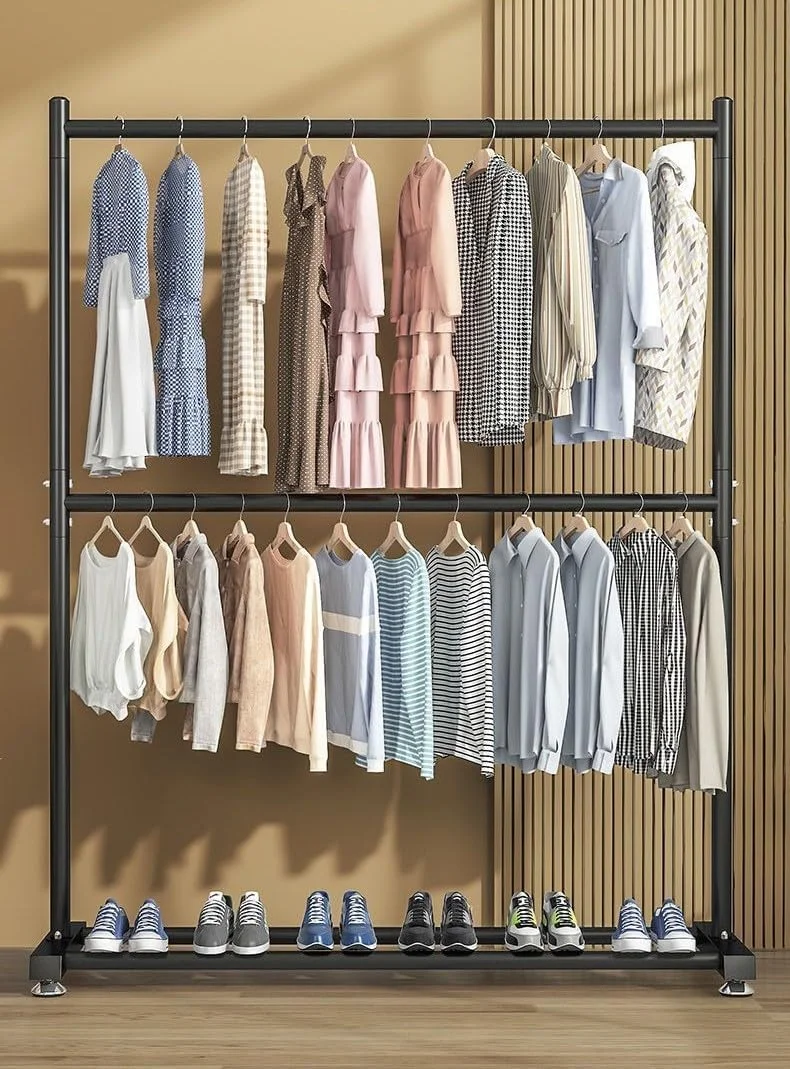 رگال لباس دو میله ای SKY-TOUCH: رگال لباس دو طبقه با قفسه زیرین، ظرفیت بار زیاد، رگال لباس فلزی برای آویزان کردن لباس ها در اتاق خواب (150 * 182 * 40 سانتی متر، مشکی) رگال لباس دو میله ای SKY-TOUCH: رگال لباس دو طبقه با قفسه زیرین، ظرفیت بار زیاد، رگال لباس فلزی برای آویزان کردن لباس ها در اتاق خواب (150 * 182 * 40 سانتی متر، مشکی)