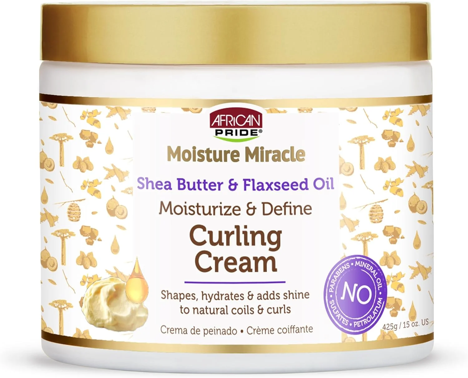 کرم فر کننده مو African Pride Moisture Miracle حاوی شی باتر و روغن تخم کتان - حالت دهنده، آبرسان و درخشان کننده فرهای طبیعی، مرطوب کننده و مشخص کننده مو، 443.6 میلی لیتر