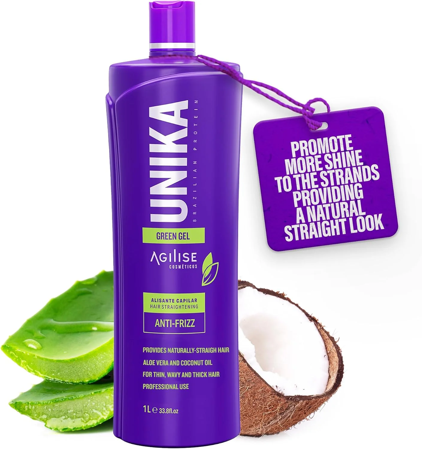 ژل صاف کننده موی سبز یونیکا AGILISE - محصولات مو برای زنان، صاف کننده مو - محصولات مراقبت از مو برای کنترل وز - درمان کراتینه، موی فر - روغن نارگیل، آلوئه ورا - 1 لیتر
