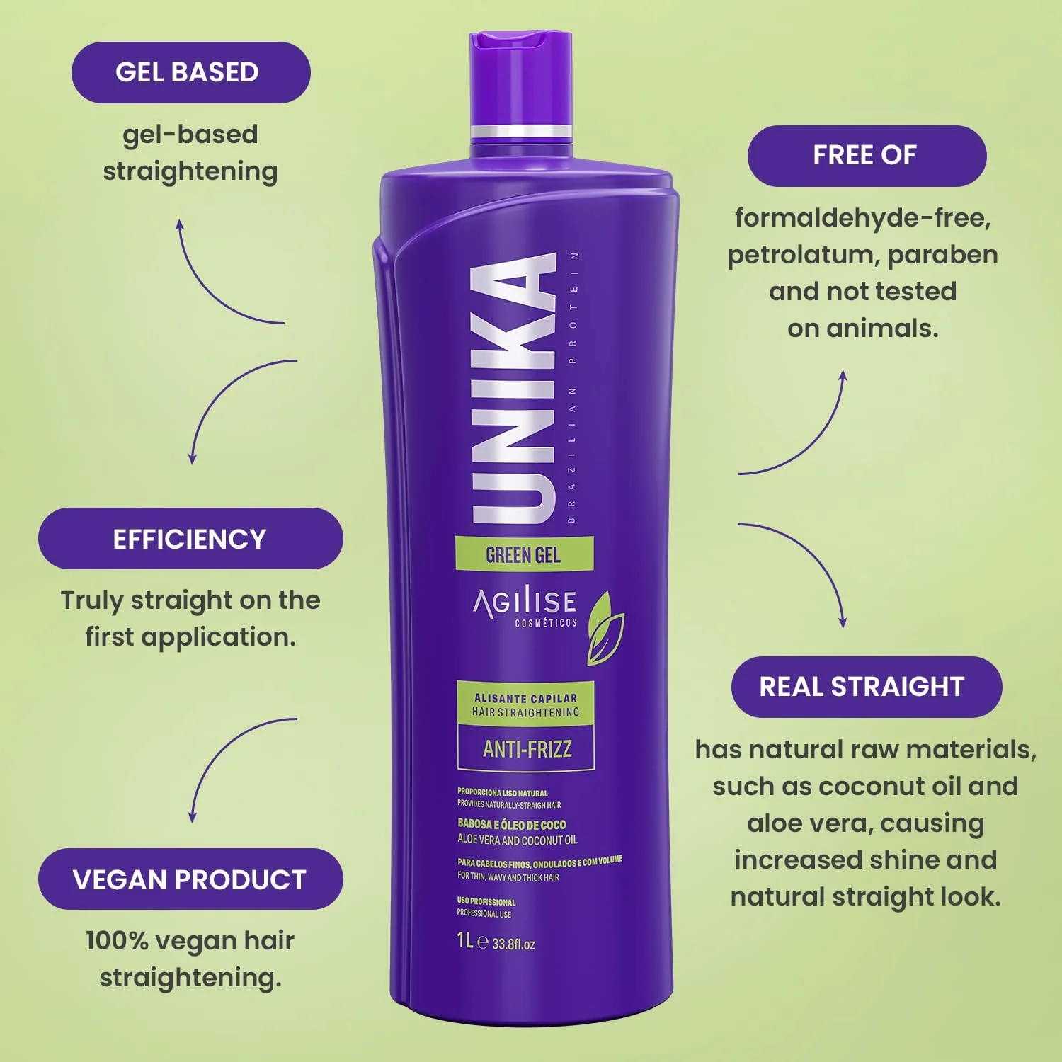 ژل صاف کننده موی سبز یونیکا AGILISE - محصولات مو برای زنان، صاف کننده مو - محصولات مراقبت از مو برای کنترل وز - درمان کراتینه، موی فر - روغن نارگیل، آلوئه ورا - 1 لیتر