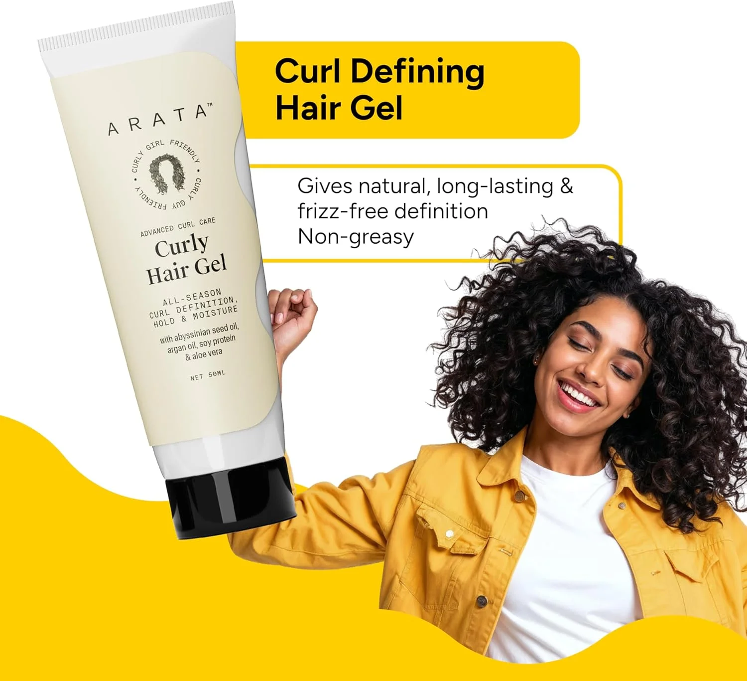 ژل حالت دهنده موی فر آرata Advanced Curl Care (۵۰ میلی لیتر) | حاوی روغن دانه حبشی، روغن آرگان، پروتئین سویا و آلوئه ورا | حالت دهی موی فر در تمام فصول و ایجاد حالت نرم و طبیعی