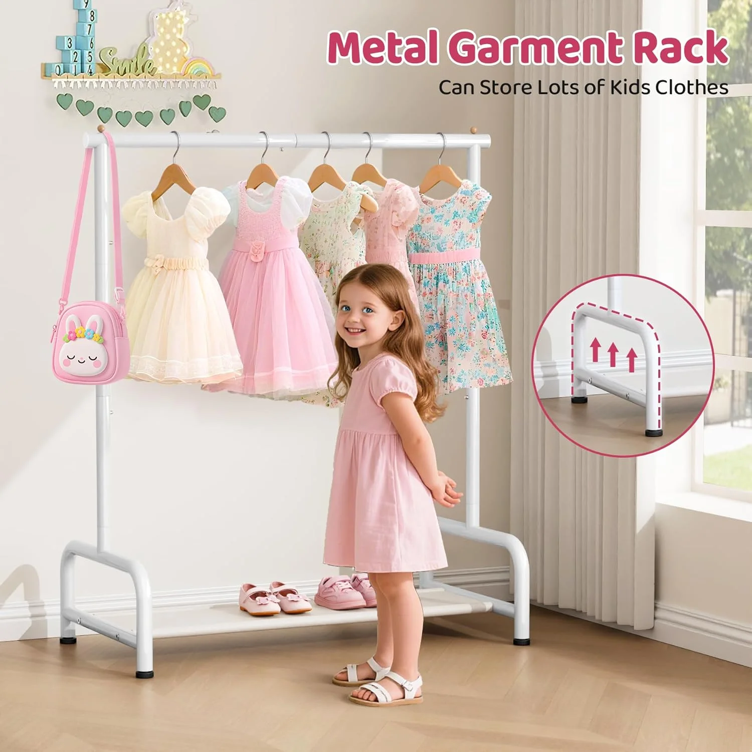 رگال لباس کودک SLEEPING LAMB، رگال کوچک لباس کودک با قفسه ذخیره سازی پایین، رگال لباس کودک برای آویزان کردن لباس، سفید